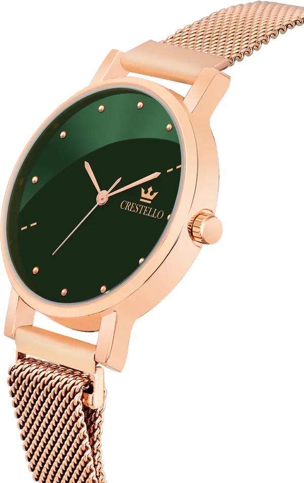 Rose_Gold_Plated_Mesh_Chain_Analog_Wrist_Watch_for_Women_(Green_Dial)_|_CR-RG152-GRN