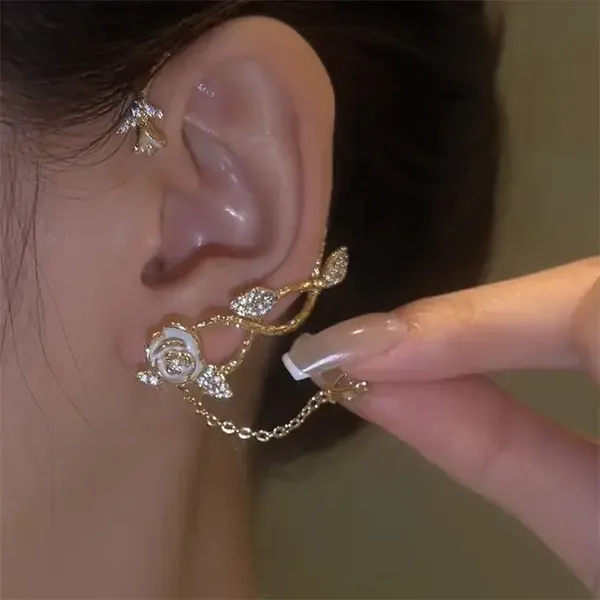 Beautiful_Ear_cuff_earrings_with_gold_plated_enamel_flower_shape_long_tassel_earrings_for_women's