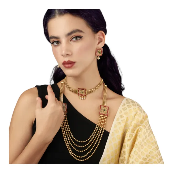 High_gold_polish_five_layer_Necklace_with_choker_and_Earrings_ruby_green