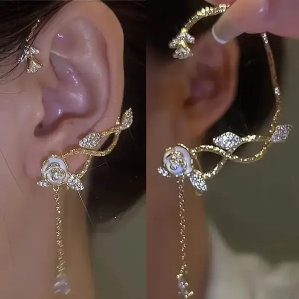 Beautiful_Ear_cuff_earrings_with_gold_plated_enamel_flower_shape_long_tassel_earrings_for_women's