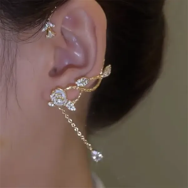 Beautiful_Ear_cuff_earrings_with_gold_plated_enamel_flower_shape_long_tassel_earrings_for_women's