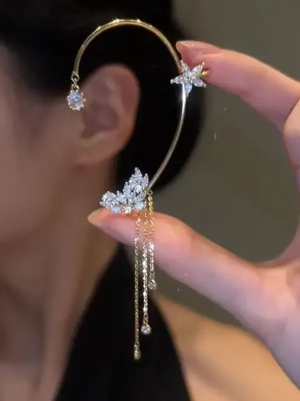 No_pierce_18k_gold_plated_ear_cuff_Earrings__star_shape_with_long_tassel_sparkle_zircon_Earrings