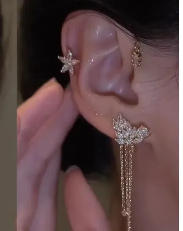 No_pierce_18k_gold_plated_ear_cuff_Earrings__star_shape_with_long_tassel_sparkle_zircon_Earrings