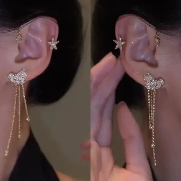 No_pierce_18k_gold_plated_ear_cuff_Earrings__star_shape_with_long_tassel_sparkle_zircon_Earrings