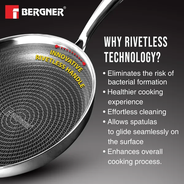 Bergner_Hi-Tech_TriPly_Stainless_Steel__Frypan,_Honeycomb_Non-Stick_Coating_Frying_Pan,_Non-Toxic,_Healthy_Cooking,_Less_Oil_Use,_Durable_Handle_with_Excellent_Grip_-_Induction