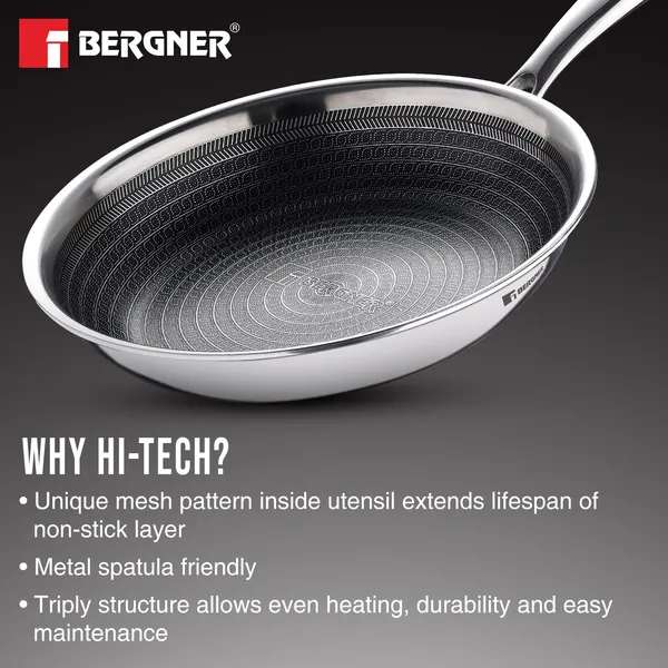 Bergner_Hi-Tech_TriPly_Stainless_Steel__Frypan,_Honeycomb_Non-Stick_Coating_Frying_Pan,_Non-Toxic,_Healthy_Cooking,_Less_Oil_Use,_Durable_Handle_with_Excellent_Grip_-_Induction