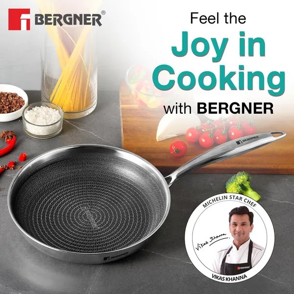 Bergner_Hi-Tech_TriPly_Stainless_Steel__Frypan,_Honeycomb_Non-Stick_Coating_Frying_Pan,_Non-Toxic,_Healthy_Cooking,_Less_Oil_Use,_Durable_Handle_with_Excellent_Grip_-_Induction