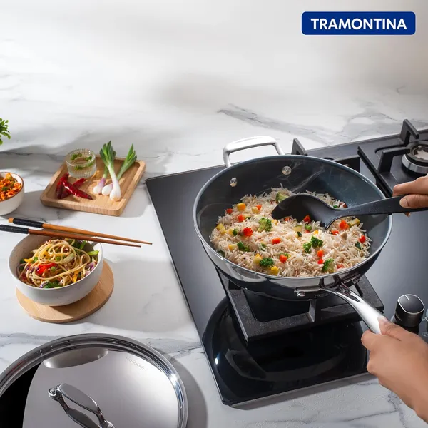 TRAMONTINA_Aeion_Triply_26cm_/_3.7_L_Wok_with_SS304_Lid_Stir-Fry_|_Saute_|_Noodles_|_Fried_Rice_|_Induction_Friendly_|_Stay_Cool_Handle_|_NSF_Certified_|_10_Year_Warranty