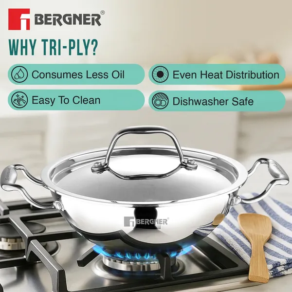 BERGNER_Argent_TriPly_Stainless_Steel_Kadai_with_Stainless_Steel_Lid,__Kadhai,_Less_Oil_Use,_Healthy_Cooking,_Food_Safe,_Stay_Cool_Cast_Handles_-_Induction_and_Gas_Stove_Ready
