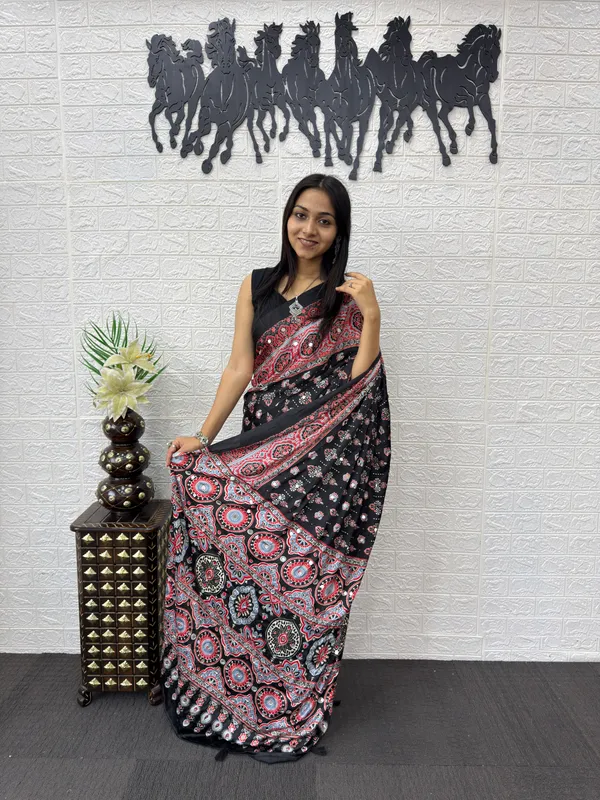 Pure_Japan_Satin_Real_Miror_Work_Ajrak_Print_Saree