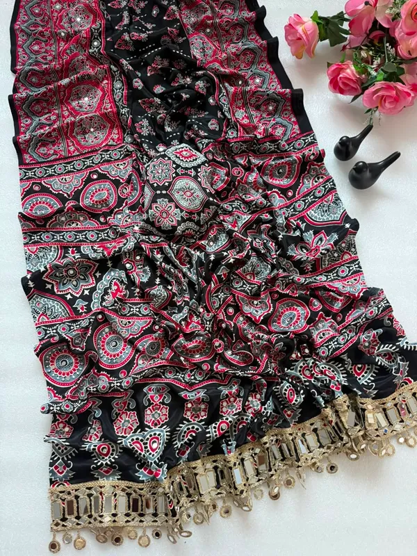 Pure_Japan_Satin_Real_Miror_Work_Ajrak_Print_Saree