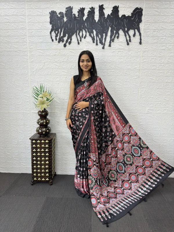 Pure_Japan_Satin_Real_Miror_Work_Ajrak_Print_Saree