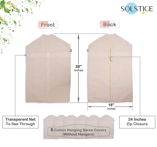 SOLSTICE Hanging cotton saree covers/bags (set of 6) of 28 x 18 (inches) for clothes storage, wardrobe organizer (hangers are NOT included