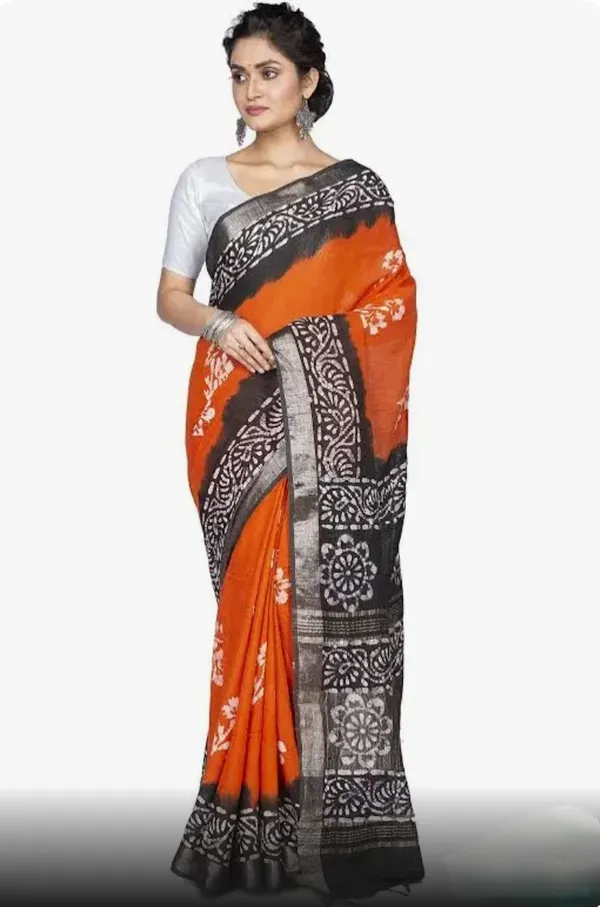 Orange_Pure_Cotton_Premium_Hand_Batik_Saree_Forwomen