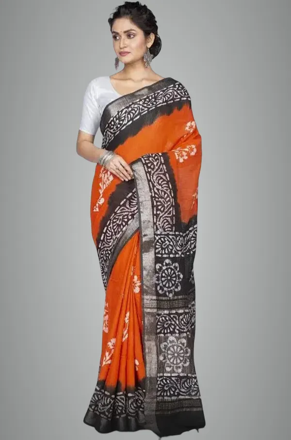 Orange_Pure_Cotton_Premium_Hand_Batik_Saree_Forwomen