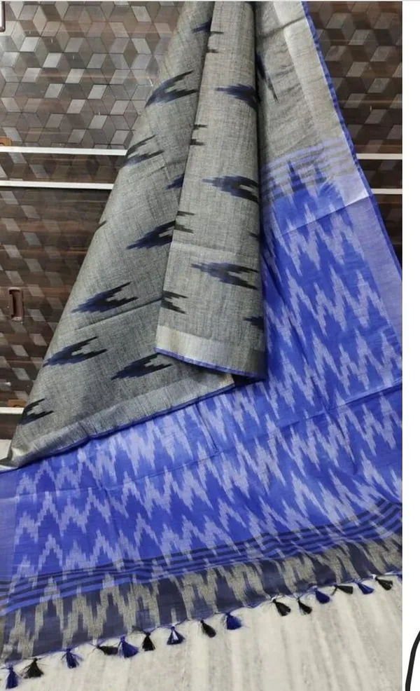 Blue_And_Grey_Cotton_Blend_Premium_Ikkat_Saree_Forwomen