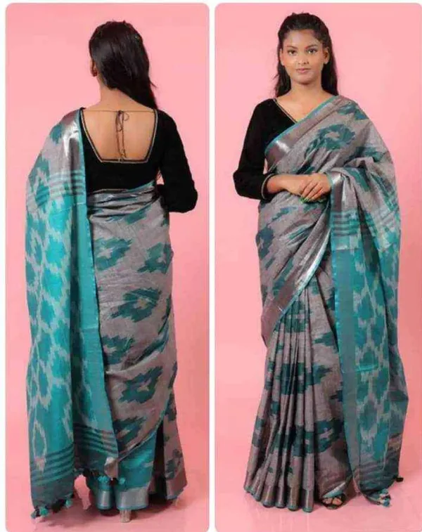 Blue_And_Grey_Cotton_Blend_Premium_Bhagalpuri_Saree_For_Women