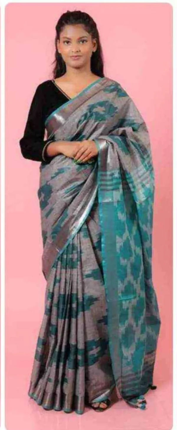 Blue_And_Grey_Cotton_Blend_Premium_Bhagalpuri_Saree_For_Women