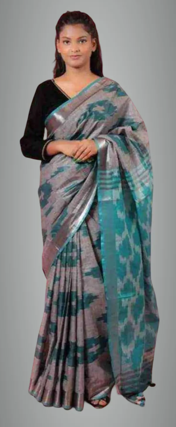 Blue_And_Grey_Cotton_Blend_Premium_Bhagalpuri_Saree_For_Women