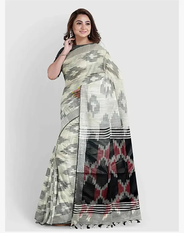 White_Cotton_Blend_Premium_Ikkat_Saree_Forwomen