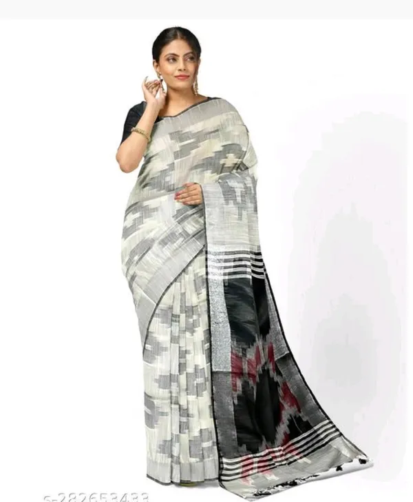 White_Cotton_Blend_Premium_Ikkat_Saree_Forwomen