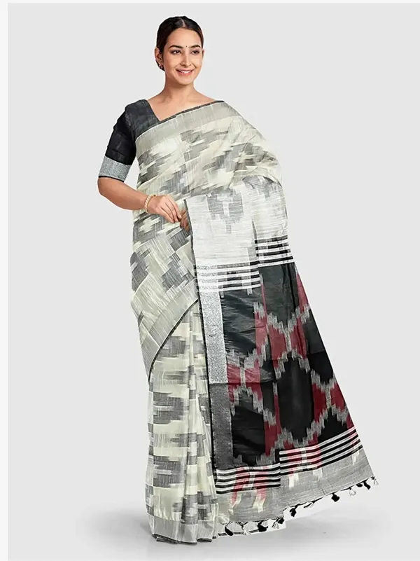 White_Cotton_Blend_Premium_Ikkat_Saree_Forwomen