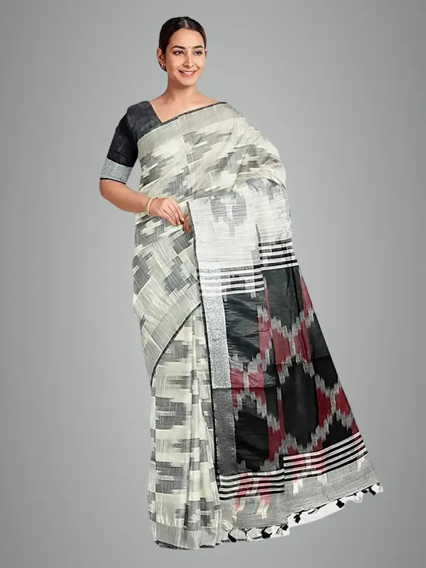 White_Cotton_Blend_Premium_Ikkat_Saree_Forwomen