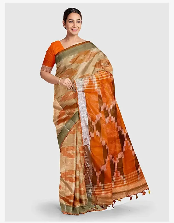 Orange_Cotton_Blend_Premium_Ikkat_Saree_Forwomen