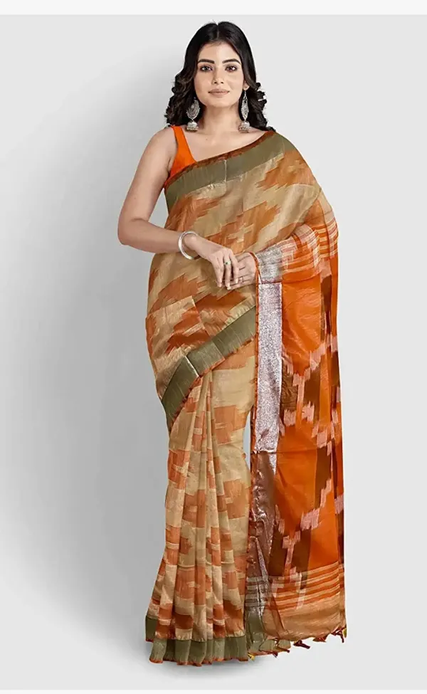 Orange_Cotton_Blend_Premium_Ikkat_Saree_Forwomen