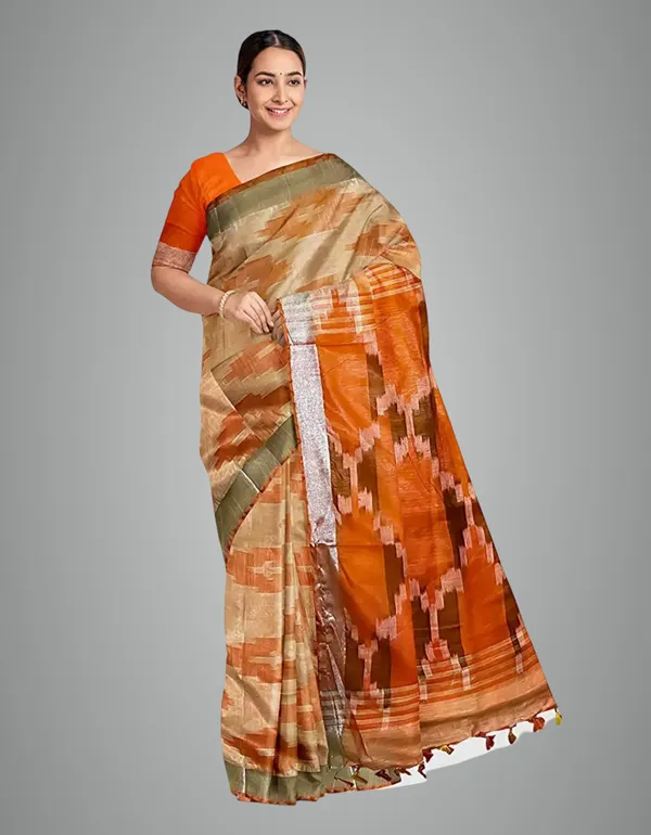 Orange_Cotton_Blend_Premium_Ikkat_Saree_Forwomen