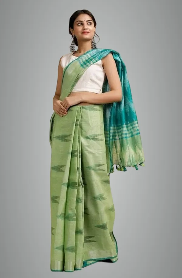 Light_Green_Cotton_Blend_Premium_Ikkat_Saree_Forwomen