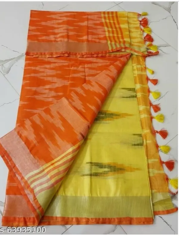 Yellow_Cotton_Blend_Premium_Ikkat_Saree_For_Women