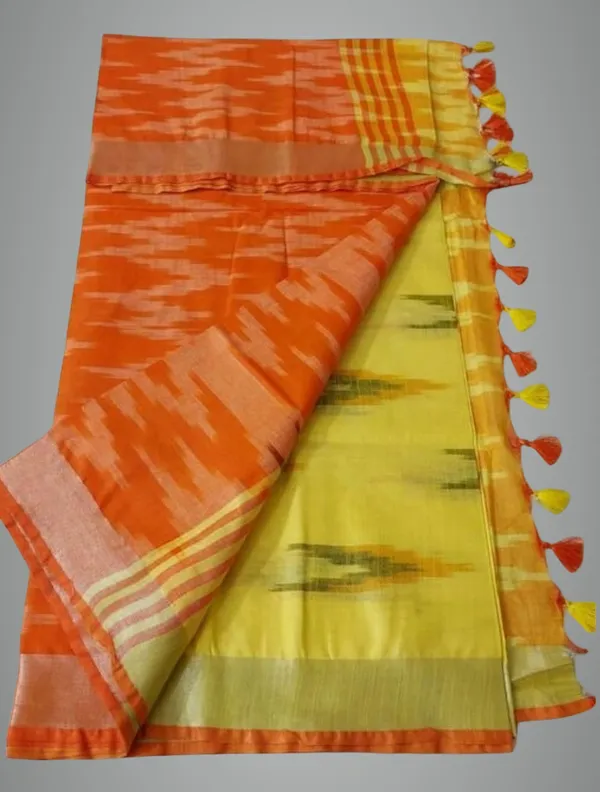 Yellow_Cotton_Blend_Premium_Ikkat_Saree_For_Women
