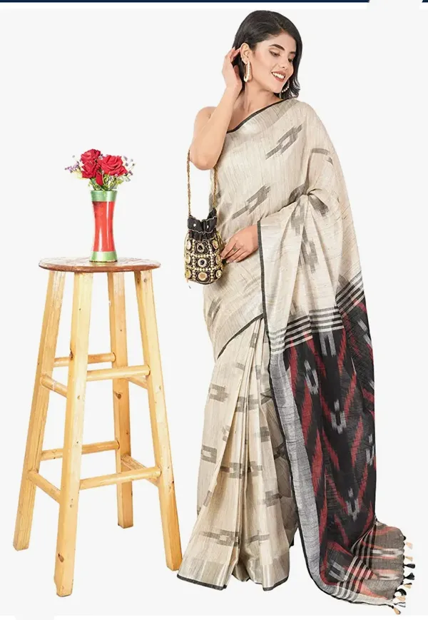 Beige_Cotton_Blend_Premium_Ikkat_Saree_Forwomen