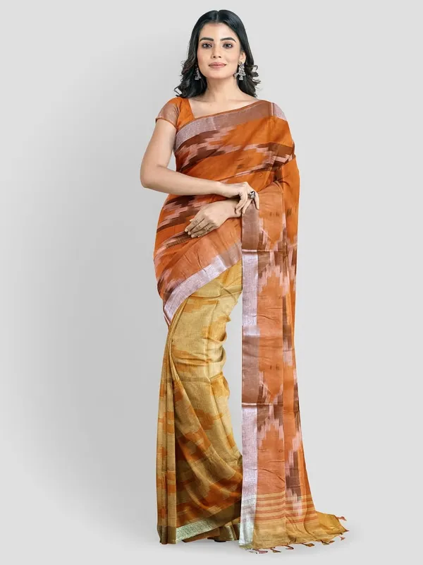 Orange_Cotton_Blend_Premium_Bhagalpuri_Saree_Forwomen