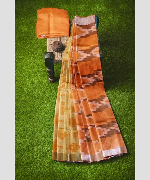 Orange_Cotton_Blend_Premium_Bhagalpuri_Saree_Forwomen