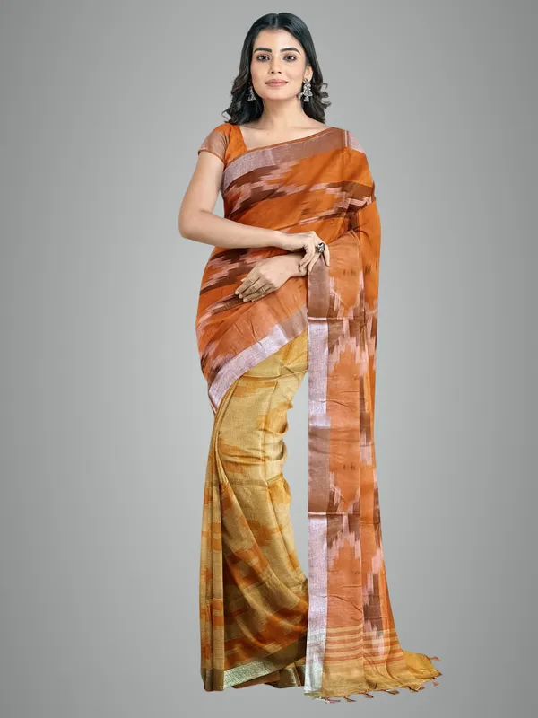 Orange_Cotton_Blend_Premium_Bhagalpuri_Saree_Forwomen
