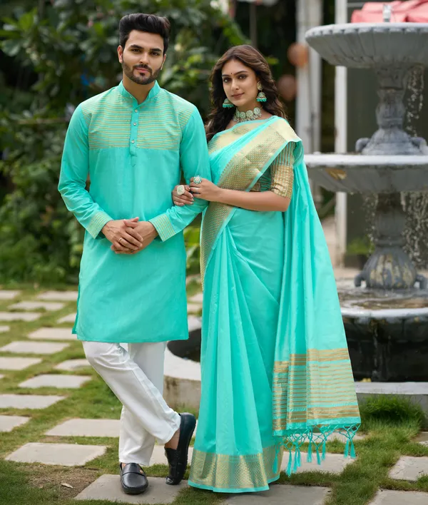 Aishwaria_Teal_Couple_Dress_Silk_Saree_&_Kurta