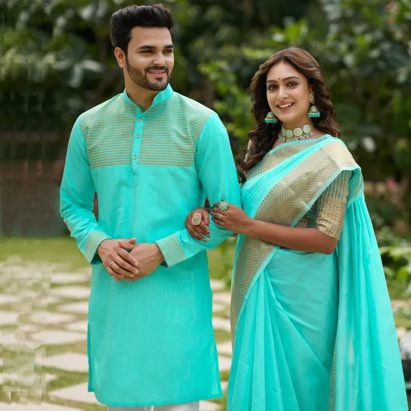 Aishwaria_Teal_Couple_Dress_Silk_Saree_&_Kurta