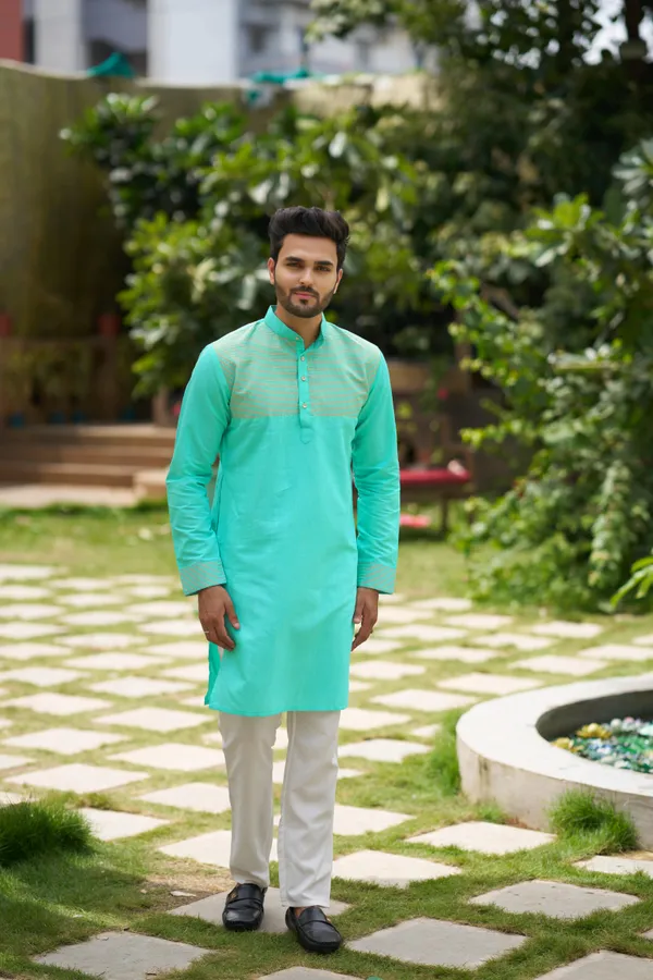 Aishwaria_Teal_Couple_Dress_Silk_Saree_&_Kurta