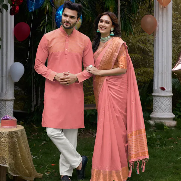 Aishwaria_Pink_Couple_Dress_Silk_Saree_&_Kurta