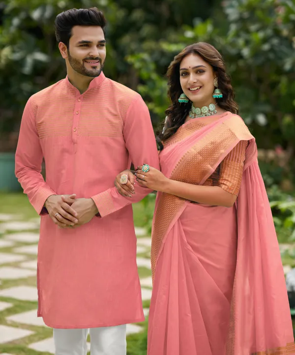 Aishwaria_Pink_Couple_Dress_Silk_Saree_&_Kurta