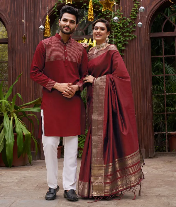 Pajama_Maroon_Couple_Set_Matching_Dress