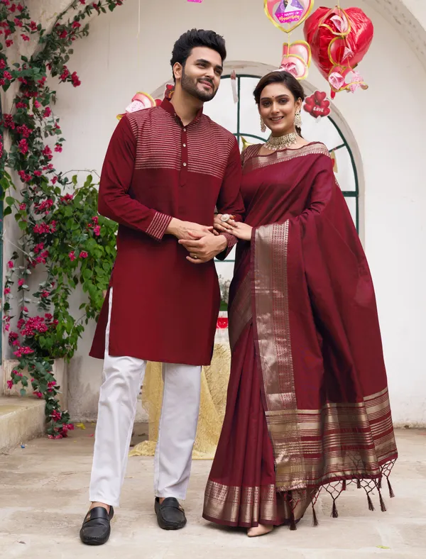 Pajama_Maroon_Couple_Set_Matching_Dress