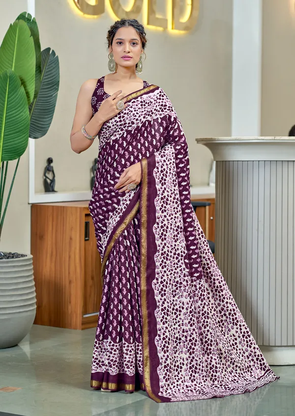 Mazenta_Beautiful_Zari_Border_Handicraft_Pure_Soft_MulMul_Ikkat_Hand_Print_Cotton_Saree_With_Blouse_Piece