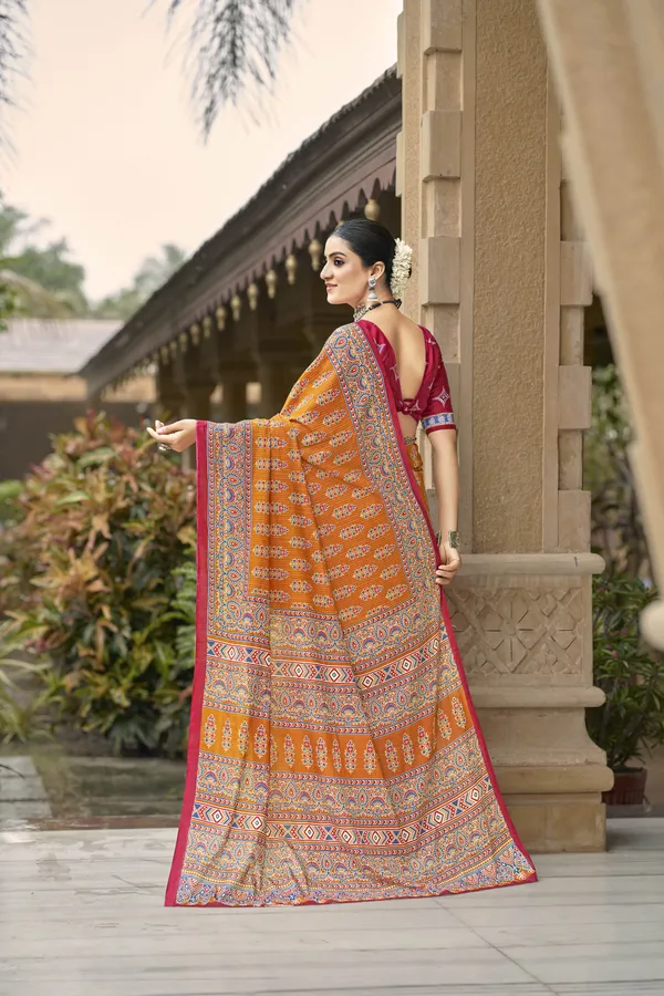 Beautiful_Handicraft_Pure_Soft_MulMul_Cotton_Ikkat_Hand_PrintedSaree_With_Blouse_Piece
