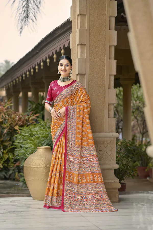 Beautiful_Handicraft_Pure_Soft_MulMul_Cotton_Ikkat_Hand_PrintedSaree_With_Blouse_Piece
