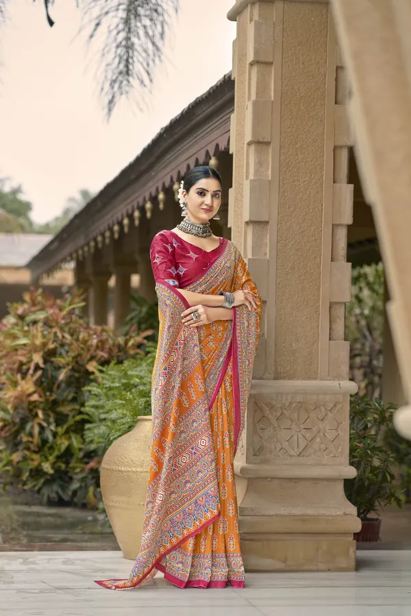 Beautiful_Handicraft_Pure_Soft_MulMul_Cotton_Ikkat_Hand_PrintedSaree_With_Blouse_Piece