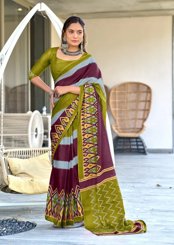 Handicraft_Beautiful_Handicraft_Pure_Soft_MulMulcotton_IKKAT_Hand_Blcok_Print_Saree_With_Blouce_Piece