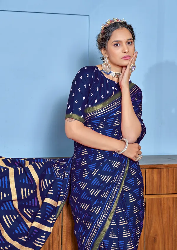 Navy_Blue__Beautiful_Zari_Border_Handicraft_Pure_Soft_MulMul_Ikkat_Hand_Print_Cotton_Saree_With_Blouse_Piece